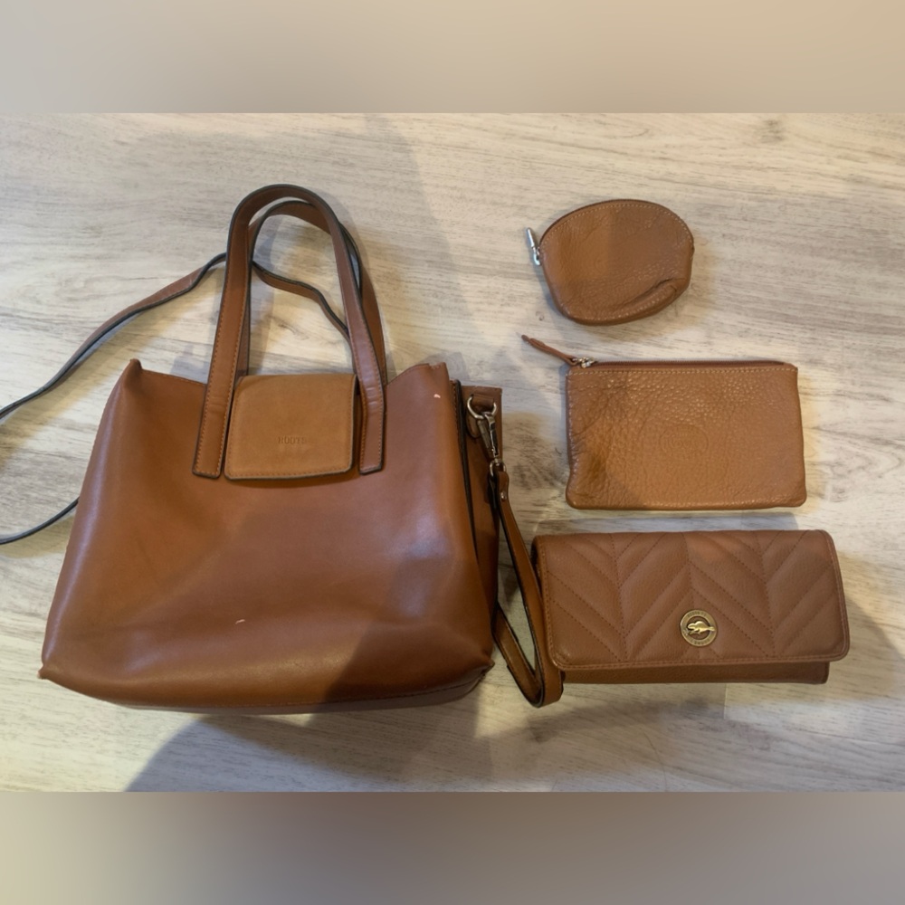Roots Bag Set (Purse, Wallet, Genuine Leather Coin purse & Cosmetics Bag)